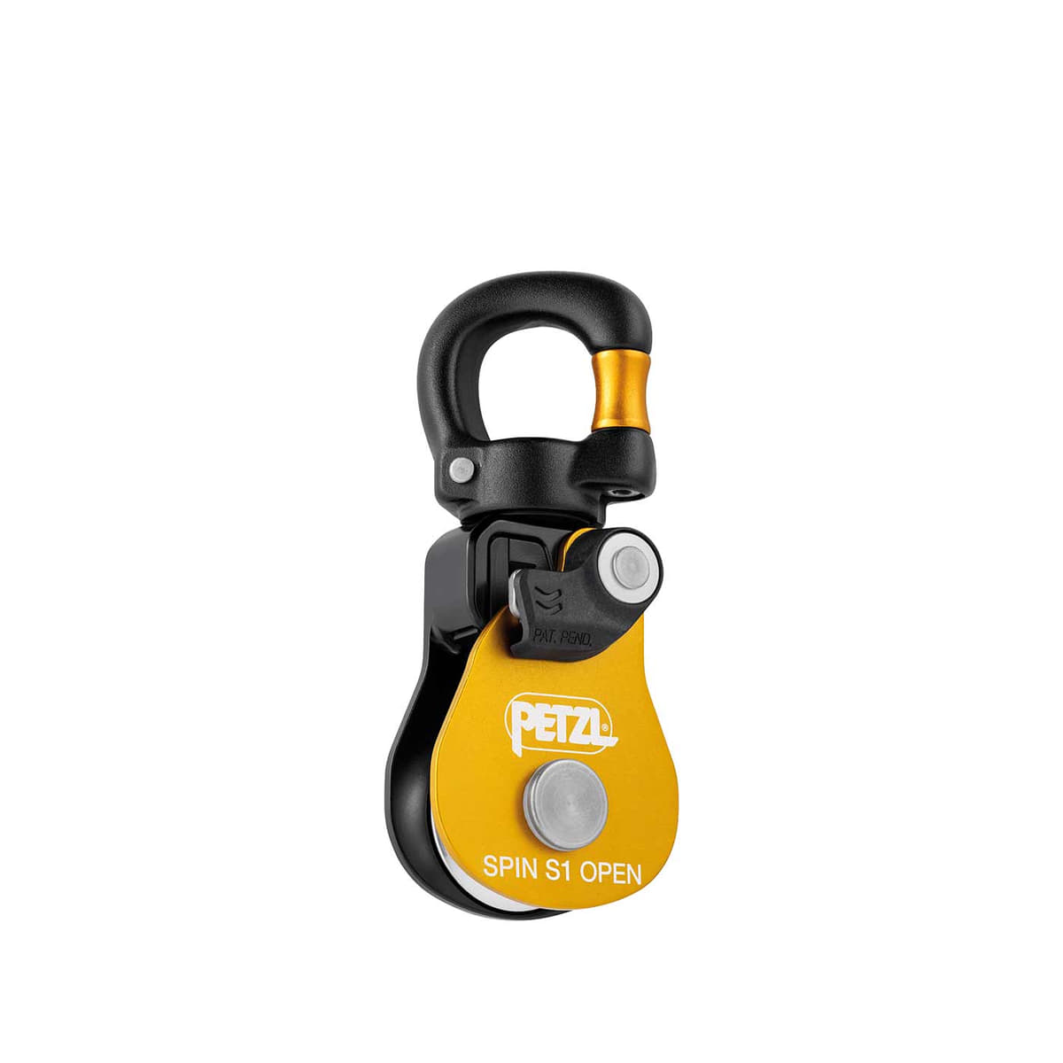 Petzl Spin S1 Open Seilrolle mit schwarzem Karabiner und gelbem Gehäuse