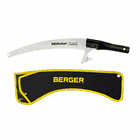 ArboRapid Kopf 300 von BERGER, eine gebogene Säge mit schwarzem Griff und silberner Klinge, dazu eine schwarze Schutzhülle mit gelbem Rand und BERGER-Logo