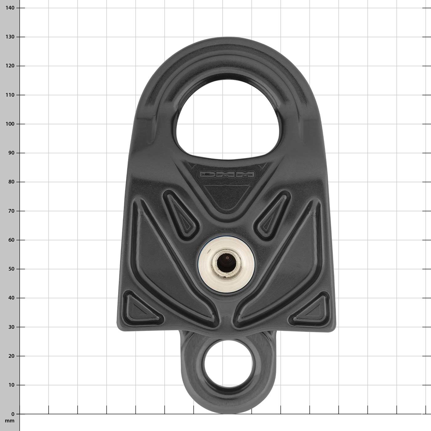 Schwarze DMM Gyro Twin Umlenkrolle mit Metallachse und großem Befestigungsloch, Vorderansicht vor kariertem Hintergrund