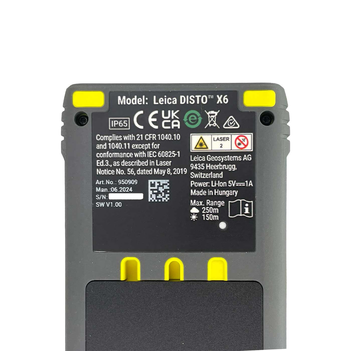 Rückseite des Leica Disto X6 Laser-Entfernungsmessers mit Modellinformationen, Hersteller Leica Geosystems