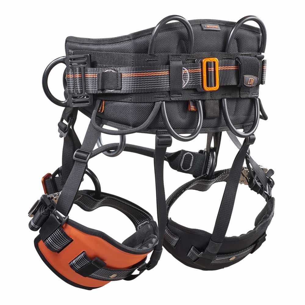 Ignite Arb Klettergurt Rückansicht mit gepolstertem Hüftgurt, orangen Details an den Beinschlaufen, schwarzen Befestigungsringen und verstellbaren Gurten