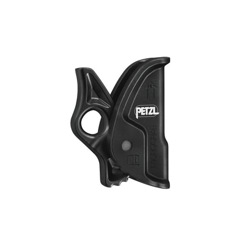 Micrograb von Petzl, schwarzes Klettergerät mit rundem Griff und Pfeil nach oben vor weißem Hintergrund