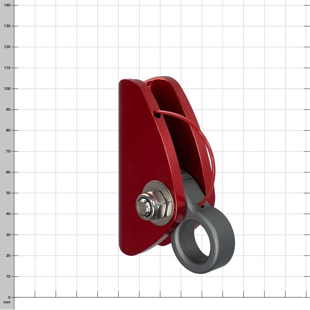 Mini Ropegrab, rotes Seilgerät mit grauem Ring und Metallverschluss, seitliche schräge Ansicht