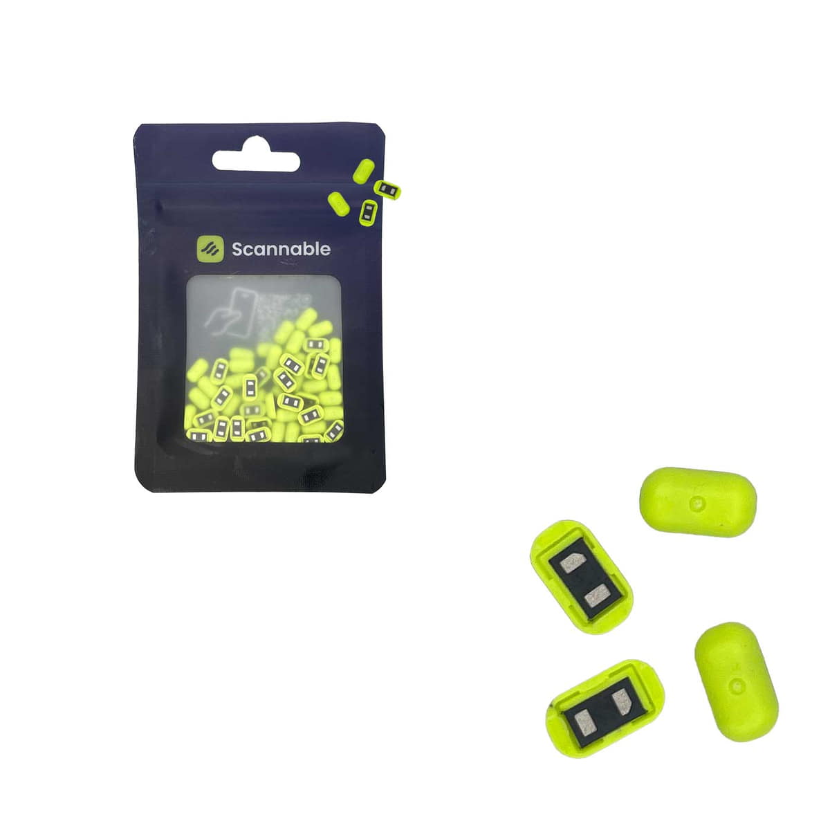 Hardware NFC Tag von Scannable, schwarze Verpackung mit durchsichtigem Fenster, darin viele kleine gelb-grüne NFC Tags sichtbar