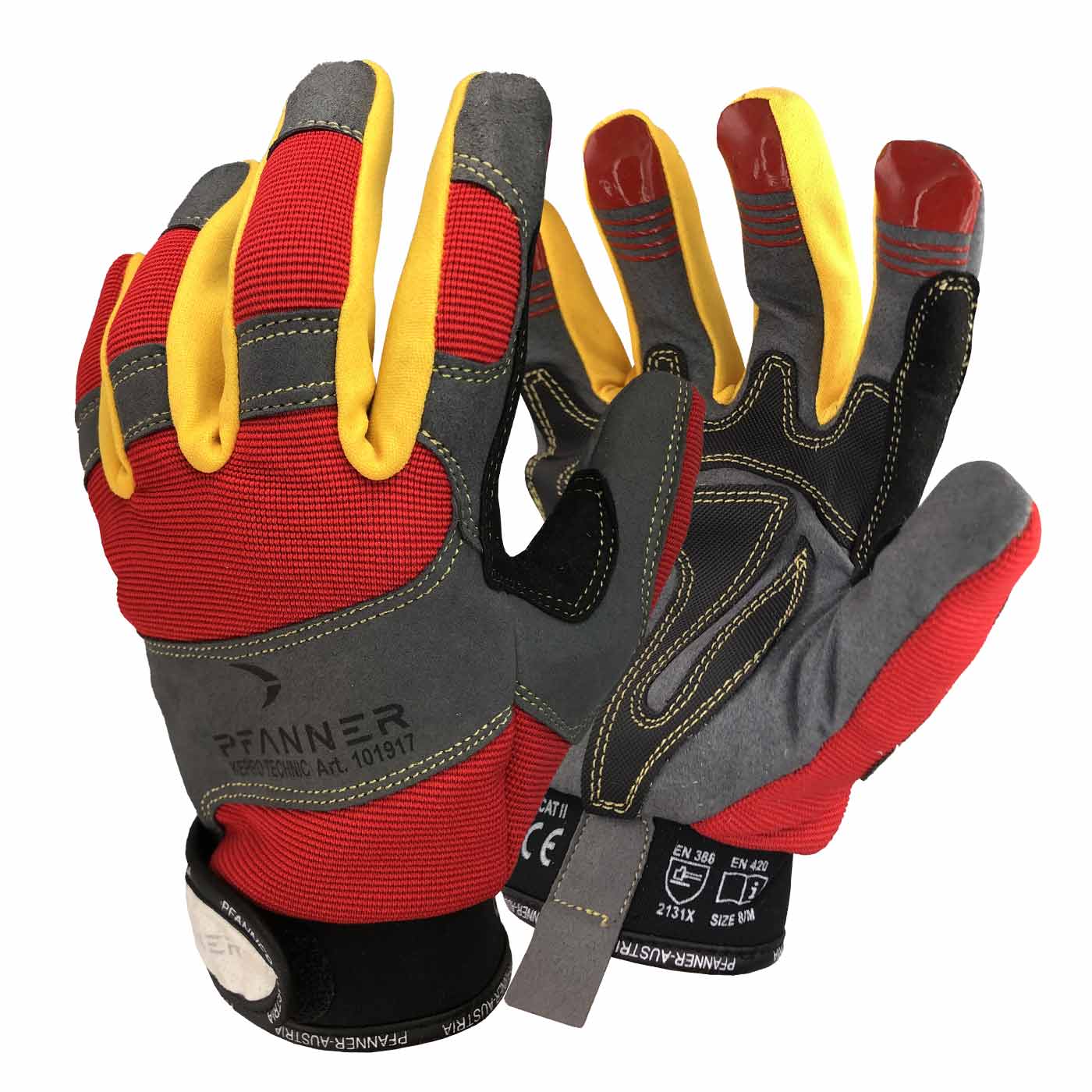 StretchFlex® KeproTechnic Arbeitshandschuhe von Pfanner in Rot, Gelb und Grau mit schwarzen Details und Aufdrucken auf dem Handrücken und Handgelenk.