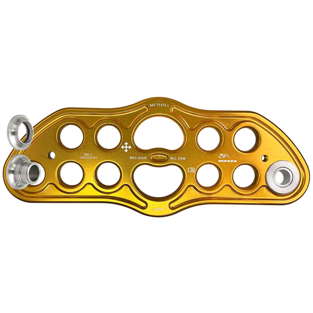 Keanu Trolley Rig Plate Kit, goldfarbene Metallplatte mit mehreren runden Aussparungen, Beschriftungen und zwei abnehmbaren silbernen Einsätzen