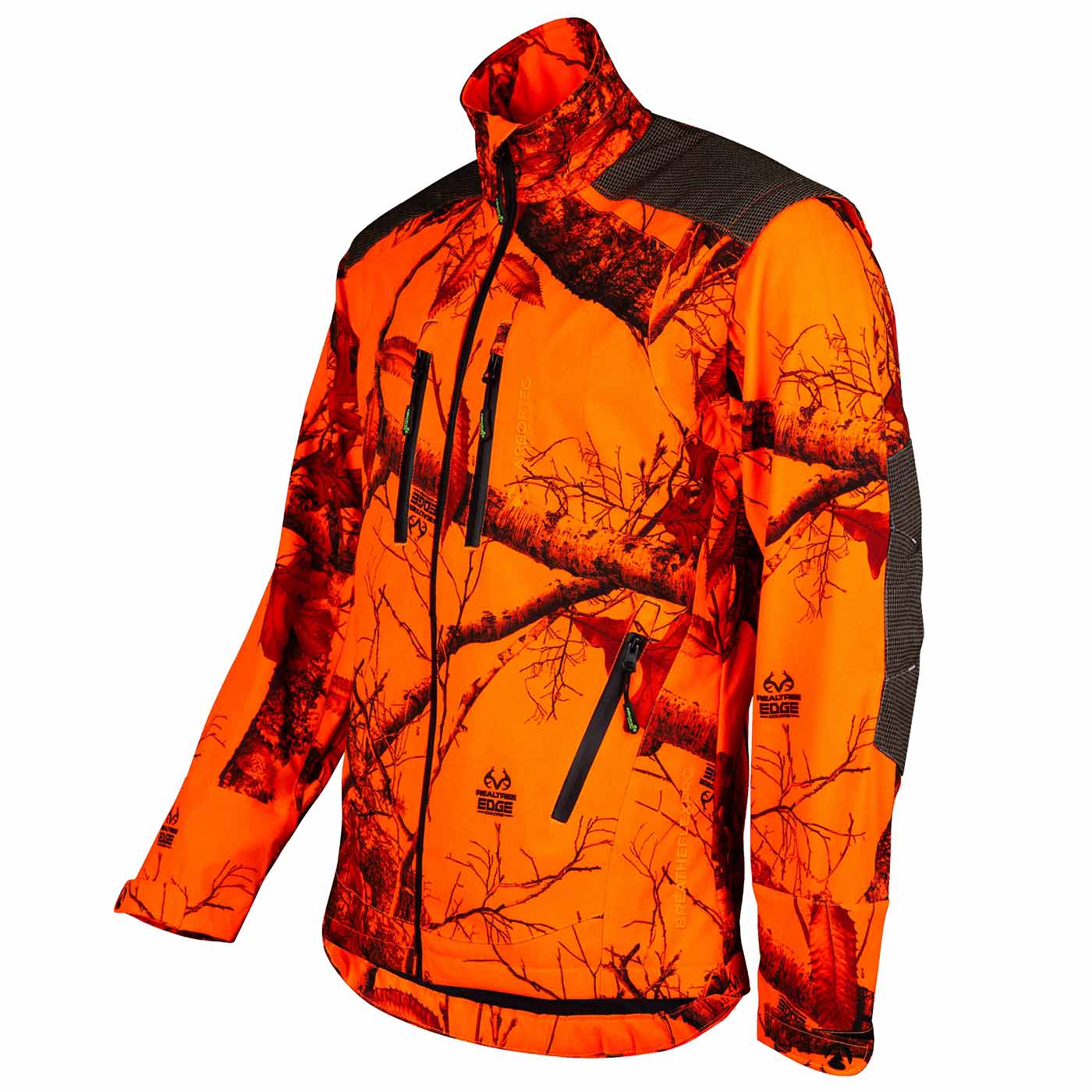 Breatheflex Pro Jacket Realtree orange Jacke mit schwarzem Reißverschluss und Realtree-Muster, mit zwei Brusttaschen und einer Seitentasche, Hersteller nicht sichtbar