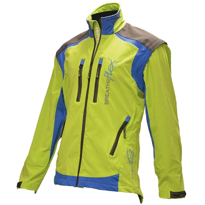 Breatheflex Pro Jacket in grün mit blauen und grauen Akzenten, sichtbare Reißverschlusstaschen vorne und Stehkragen