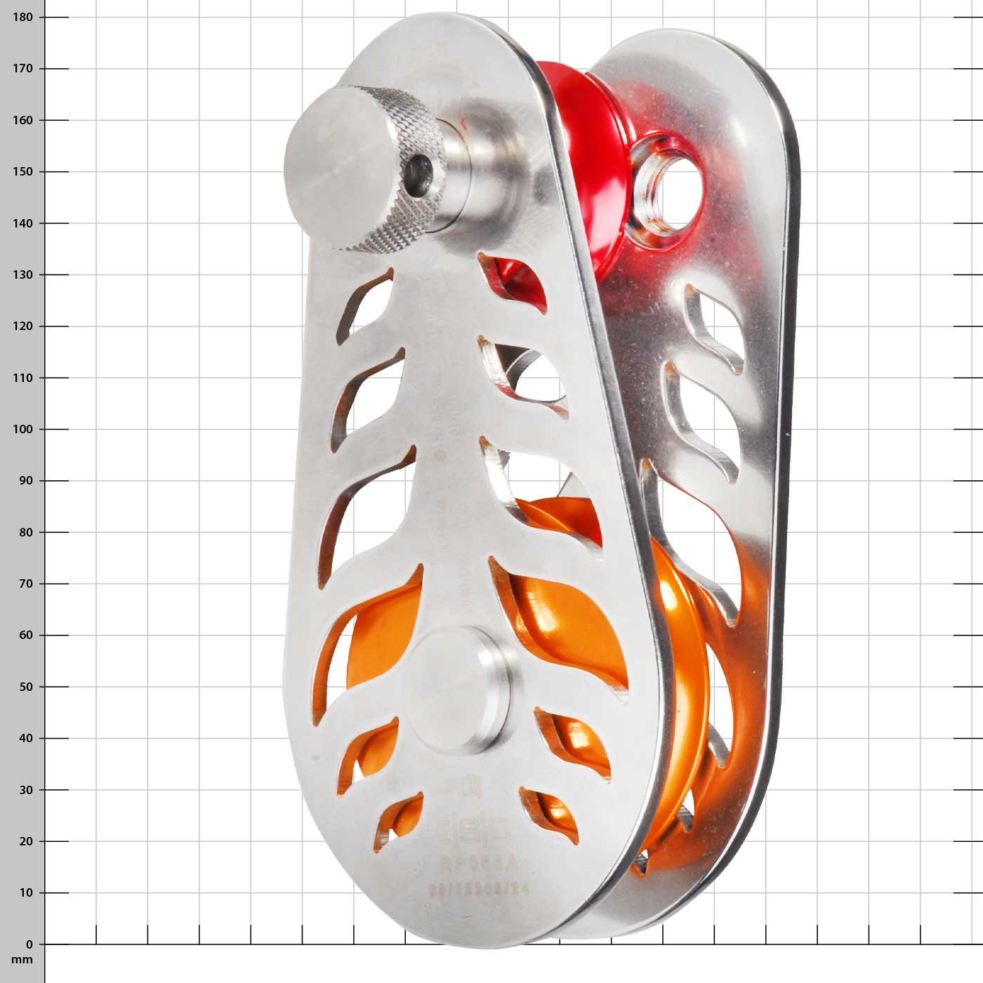 Fire-Block Seilrolle mit silbernem Metallgehäuse und orangefarbener Umlenkrolle, Hersteller ISC, Typ RP056A