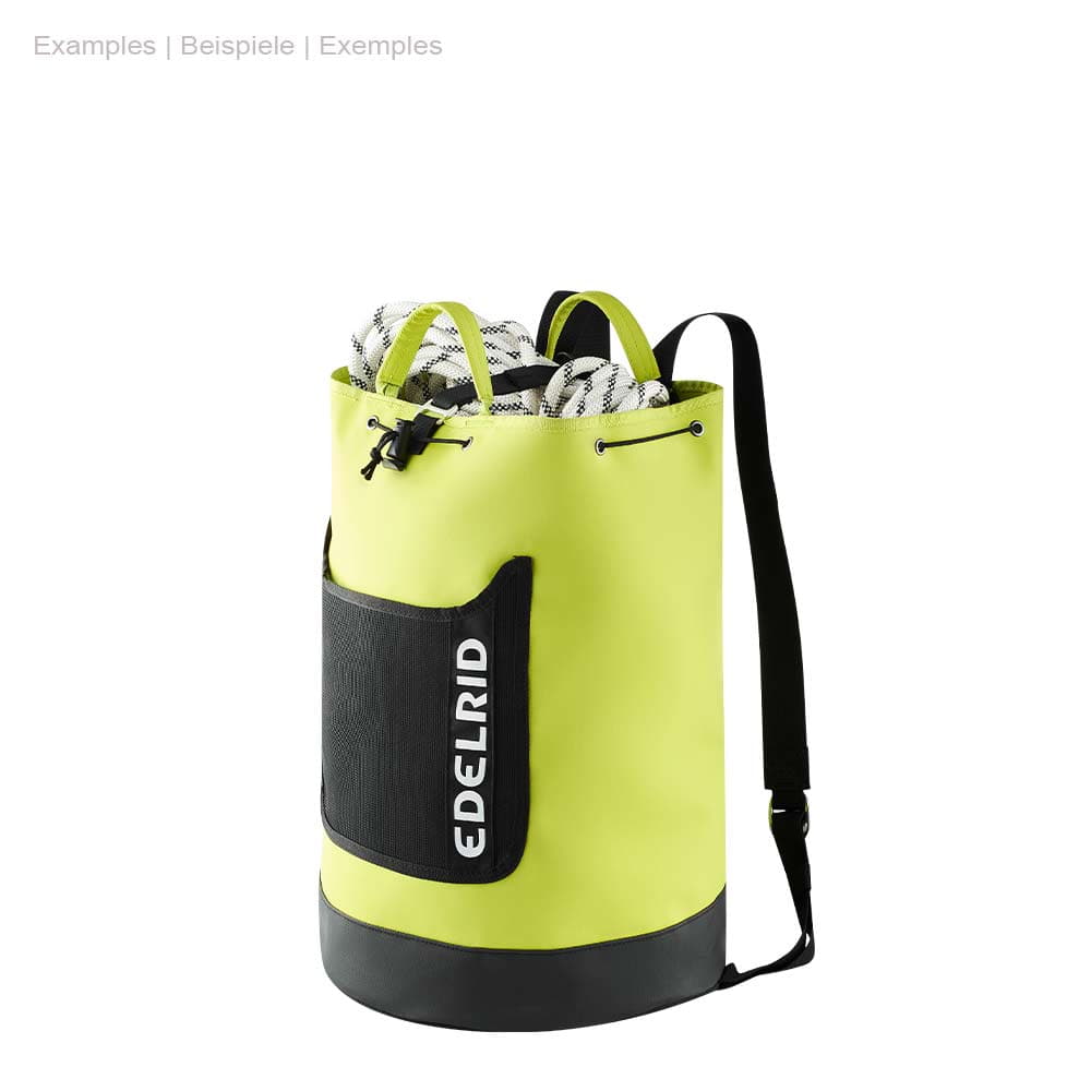 Cask 28 von Edelrid, gelb-schwarzer Seilsack mit Kordelzug und schwarzer Tasche mit weißem Edelrid-Logo, gefüllt mit weißem Kletterseil