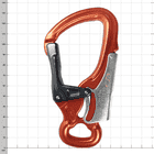 Ferrata DSG Karabinerhaken in Orange mit schwarzem Sicherheitsverschluss und silbernem Metallteil mit Gravur