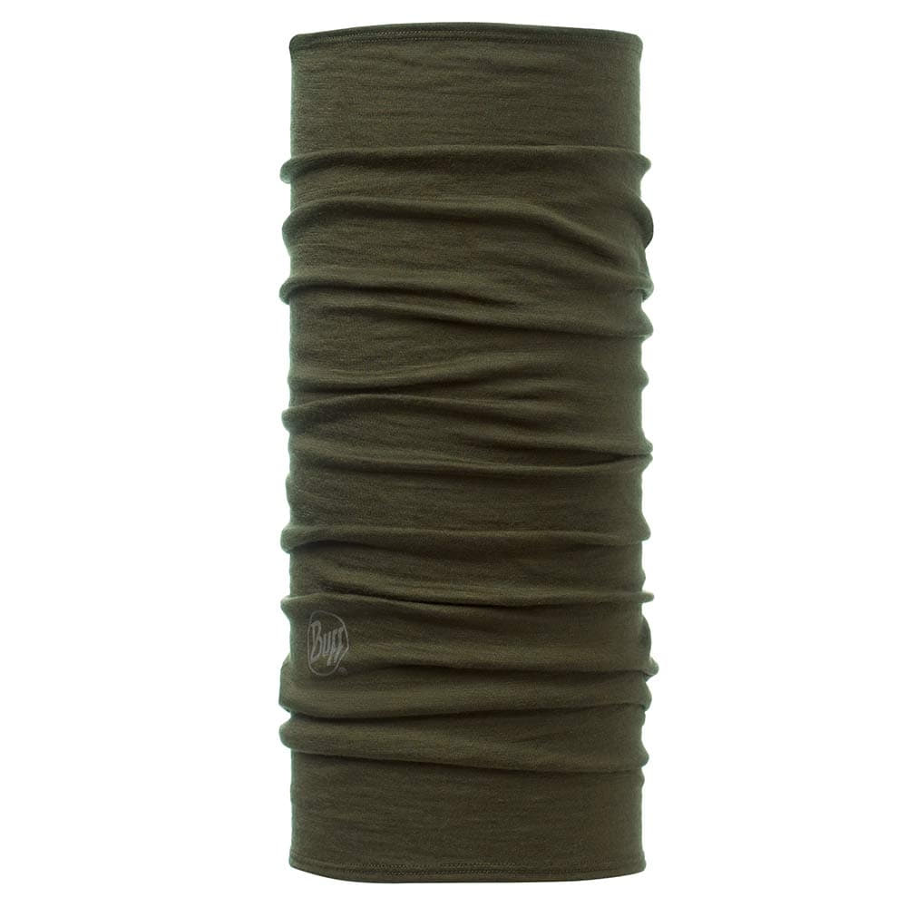 Olivgrüner Merino Wool BUFF Schlauchschal mit leicht sichtbarem BUFF-Logo am Rand