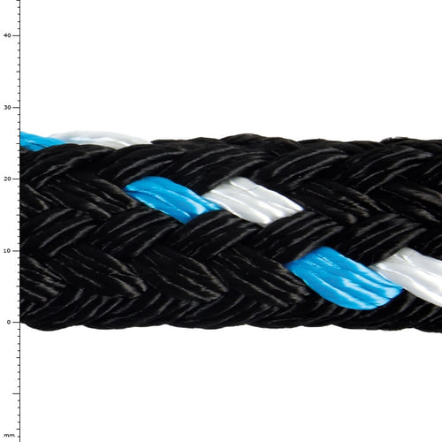 GEFA 8 t PA blau Seil in Schwarz mit blauen und weißen Fasern, Nahaufnahme