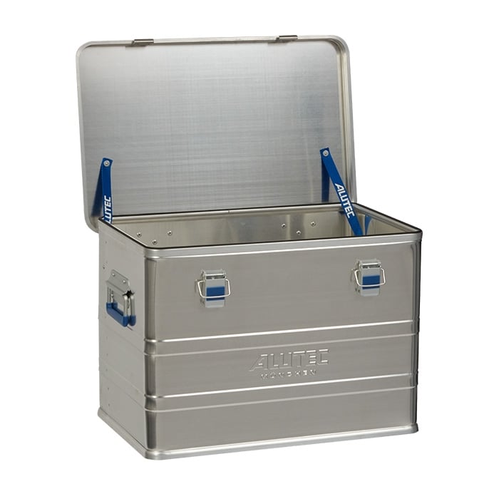 Alubox Comfort 73 von Alutec, geöffnete silberne Aluminiumbox mit blauen Halterungen und Griffen