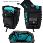 Drei Ansichten der schwarzen Approach Bag mit türkisfarbenem Innenfutter, herausnehmbaren Innentaschen, Reißverschlussfach und Karabiner, alle mit sichtbarem NOTCH-Logo
