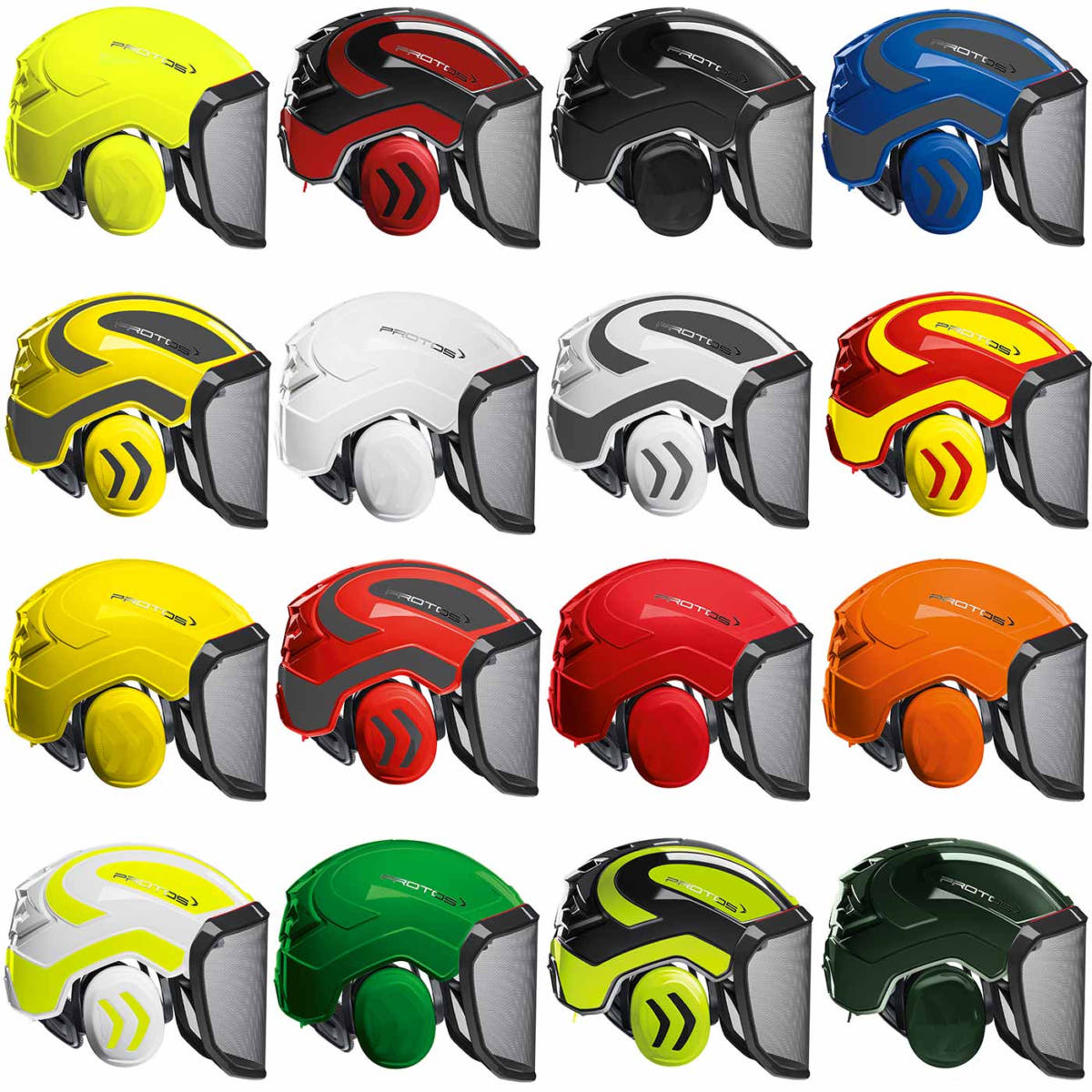 PROTOS Forest Helme in verschiedenen Farben, darunter Gelb, Rot, Schwarz, Blau, Weiß, Grau, Orange und Grün, alle mit integriertem Gehörschutz und Metallgitter-Schutzschirm