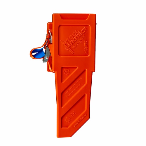 Toolprotect P1+ Pro, orangefarbene Kunststoffhülle mit eingraviertem Schriftzug und orange-blauem Gurt