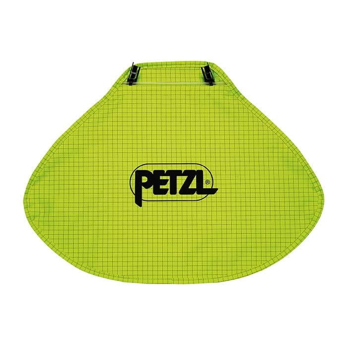 Petzl Nackenschutz in hellgrün mit schwarzem Karomuster und schwarzem Petzl-Logo in der Mitte