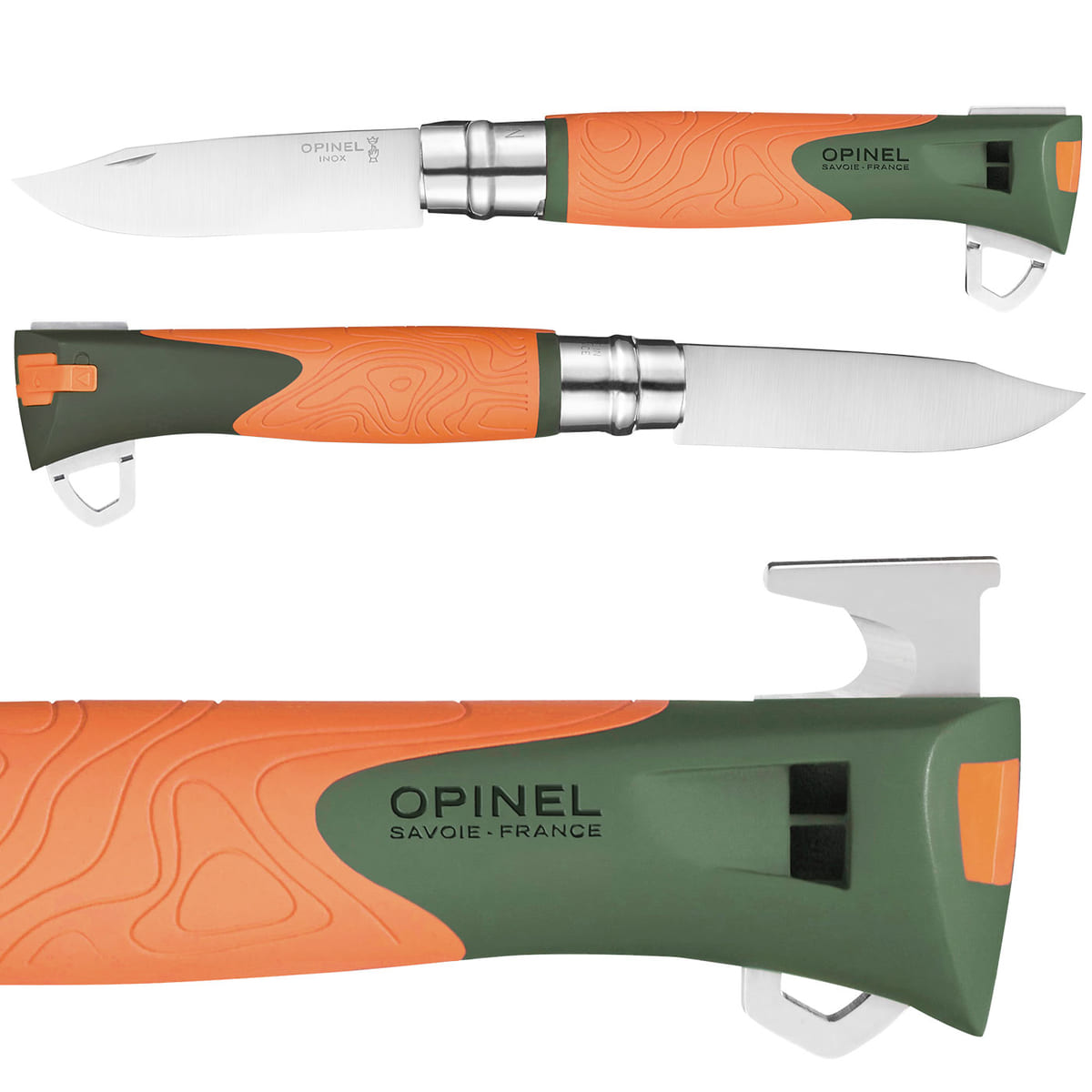 Zwei Opinel N°12 Explore Messer nebeneinander, Klingen aus Edelstahl, Griffe orange und grün mit Muster, Hersteller Opinel