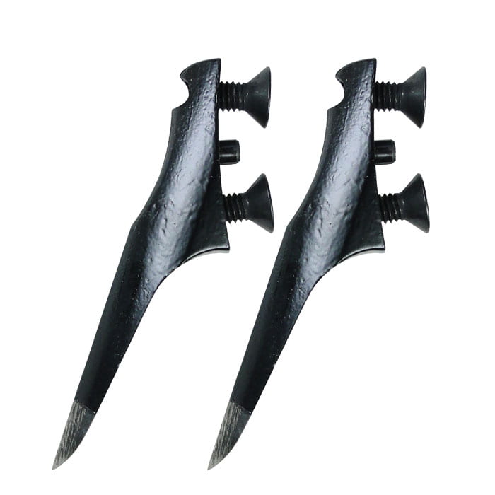 Buckspikes Pin-Screw L, zwei schwarze Metallspikes mit je zwei Schrauben und spitz zulaufendem Ende