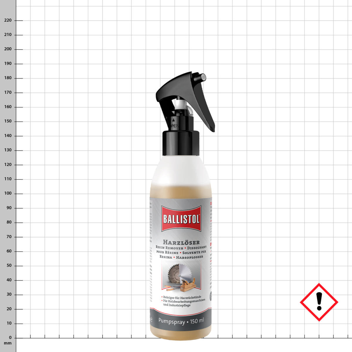 Ballistol Harzlöser Pumpspray 150 ml mit schwarzem Sprühkopf und grauem Etikett mit rotem Ballistol Logo und Bild einer Kreissäge und Hobelmaschine auf weißem Hintergrund