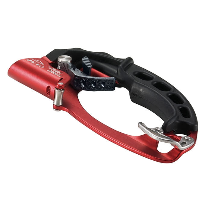 Schräg von oben aufgenommenes CAMP Turbohand Pro R Sicherungsgerät in Rot und Schwarz mit Metallverschluss und Griff