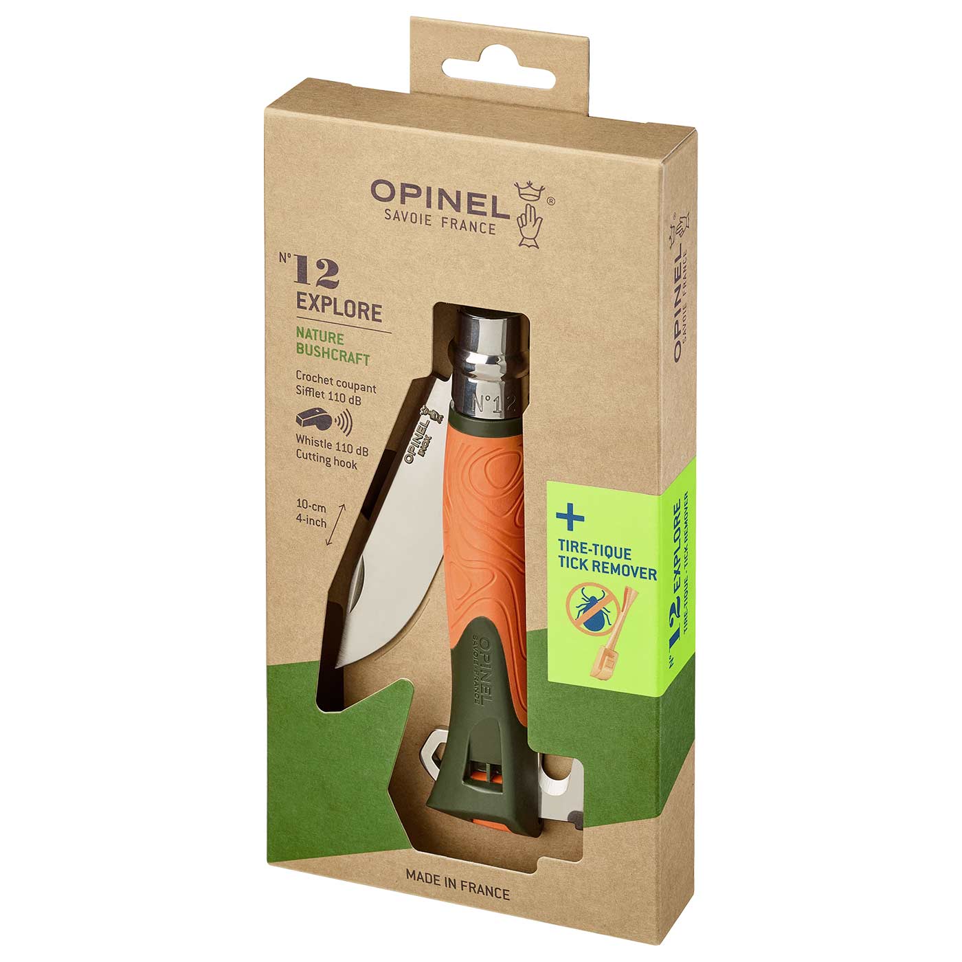 Opinel N°12 Explore Messer in Verpackung aus braunem Karton mit grünem Aufdruck und Sichtfenster, Griff orange und grün, Hersteller Opinel