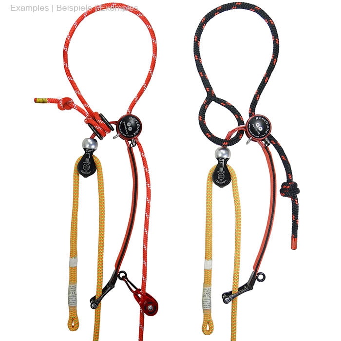 RopeGuide TwinLine mit zwei Varianten, eine mit rotem und eine mit schwarzem Seil, jeweils mit gelbem Seil, schwarzem und silbernem Metallteil, roter Umlenkrolle und schwarzem Karabinerhaken