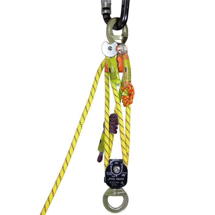 Aztek von Petzl, gelbes und oranges Sicherungsseil mit Metallkarabiner und Seilrolle