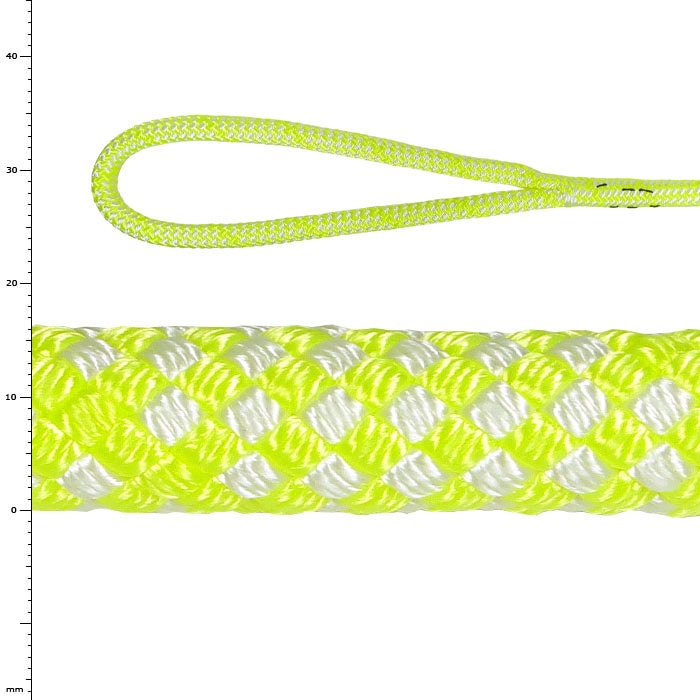 Sirius Bull Rope 16 S, hellgelbes und weißes geflochtenes Seil mit Schlaufe an einem Ende, Nahaufnahme der Struktur und Farbe des Seils