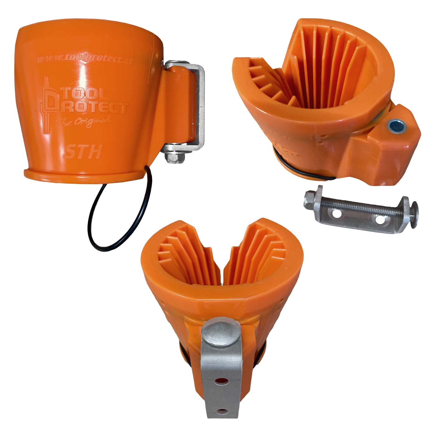 Schrauber- und Stangenhalter in orange mit Metallklammer und schwarzem Gummiring, drei verschiedene Ansichten, Hersteller Tool Protect