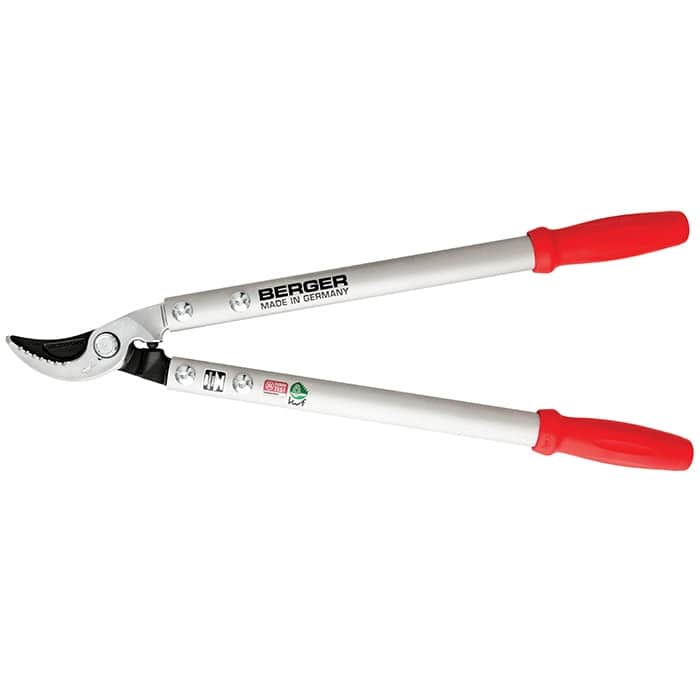 Berger 4210 Gartenschere mit silbernen Griffen und roten Griffenden, Hersteller Berger, Made in Germany