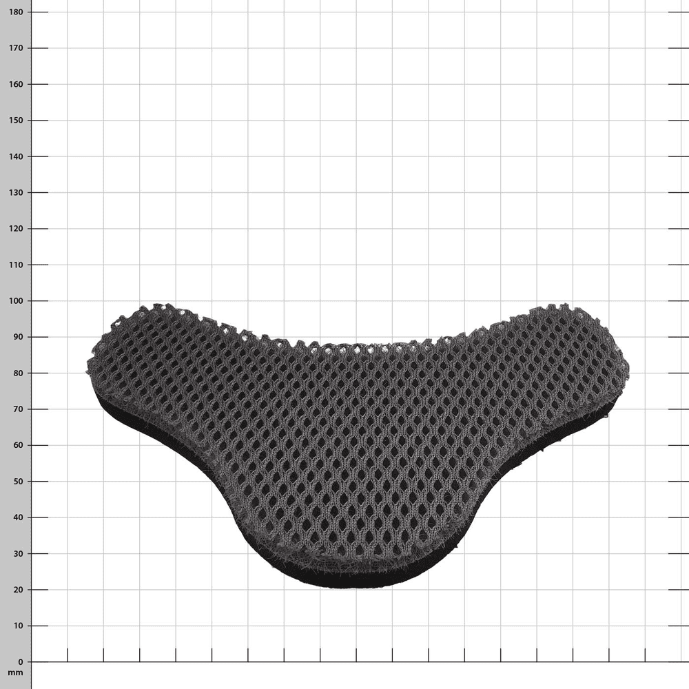 PROTOS® Nackenpolster extra dick in schwarzer Farbe mit einer Netzstruktur auf der Oberfläche, flach liegend vor weißem Hintergrund mit Rastermaß in Millimetern