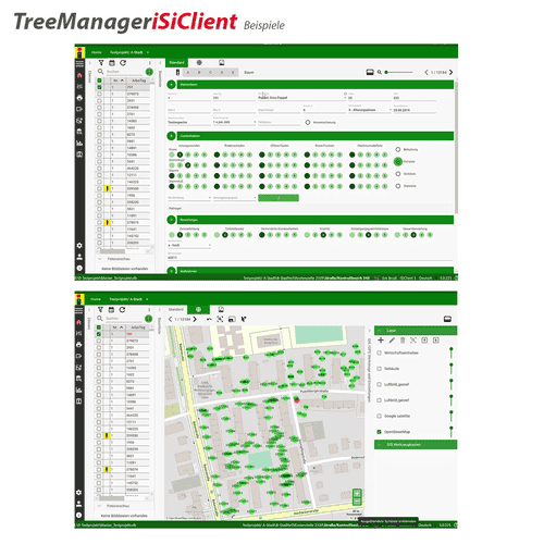 TreeManager iSiClient Software mit zwei Screenshots, oben eine Baumdaten-Übersicht mit grünen Kreisen und Zahlen, unten eine Karte mit vielen grünen Punkten und einem Layer-Menü rechts