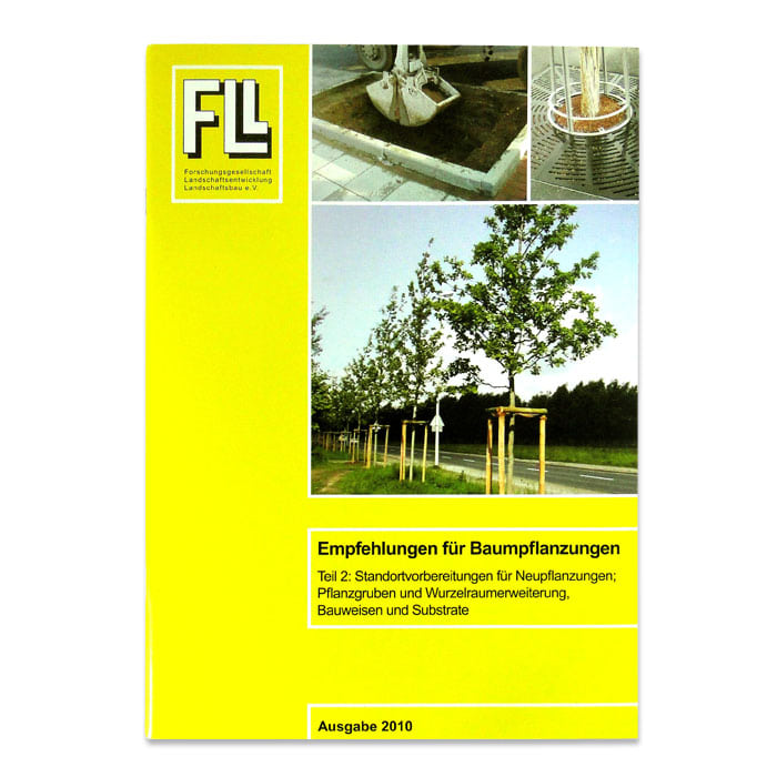 Empfehlungen Baumpflanzungen Teil 2, gelbes Buch mit Bildern von Baumpflanzungen und dem Logo FLL auf dem Cover