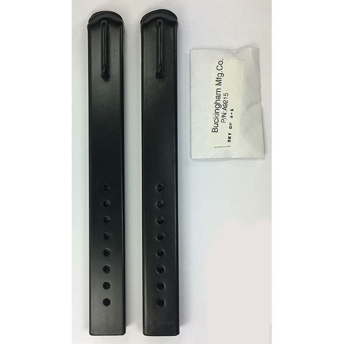 Zwei lange schwarze Schäfte mit Löchern und eine weiße Verpackung mit der Aufschrift Buckingham Mfg. Co., P/N: 4215, Produktname Lange Schäfte Buckalloy