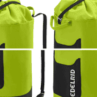 Cask 28 von Edelrid, Nahaufnahmen von Details des gelb-schwarzen Seilsacks, darunter Kordelzug, Tragegriff, Schultergurt und schwarze Tasche mit weißem Edelrid-Logo