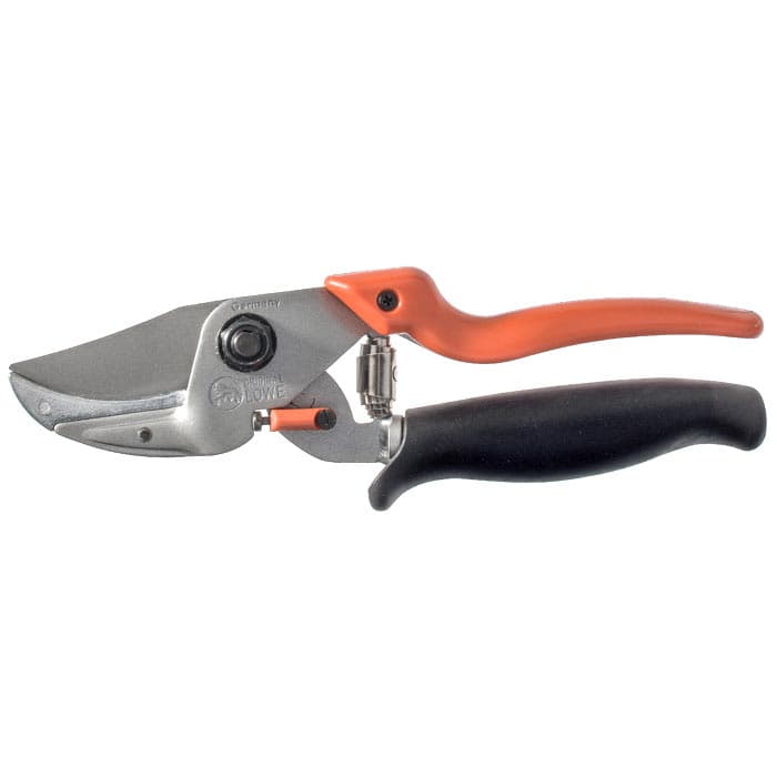 Amboss 8.109 Gartenschere mit orange-schwarzem Griff und silberner Klinge, Hersteller Original Löwe, Deutschland, Seitenansicht
