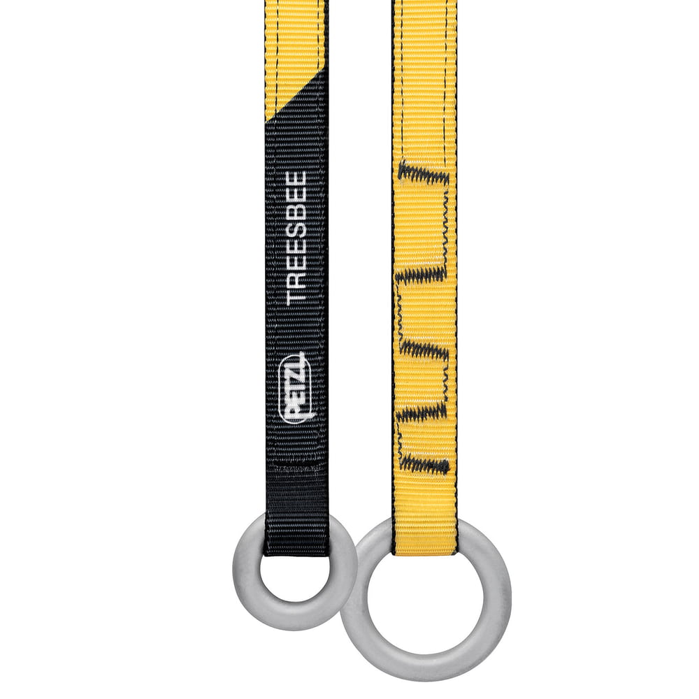 Treesbee - Angebot von Petzl, Nahaufnahme der gelb-schwarzen Bänder mit grauen Ringen und weißen Petzl-Logo auf schwarzem Band