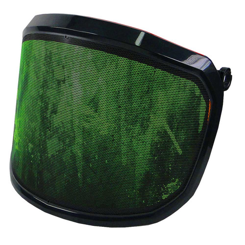PROTOS® Visier Special Edition grün-schwarzes Visier mit sechseckigem Wabenmuster und schwarzem Rahmen, seitliche Ansicht