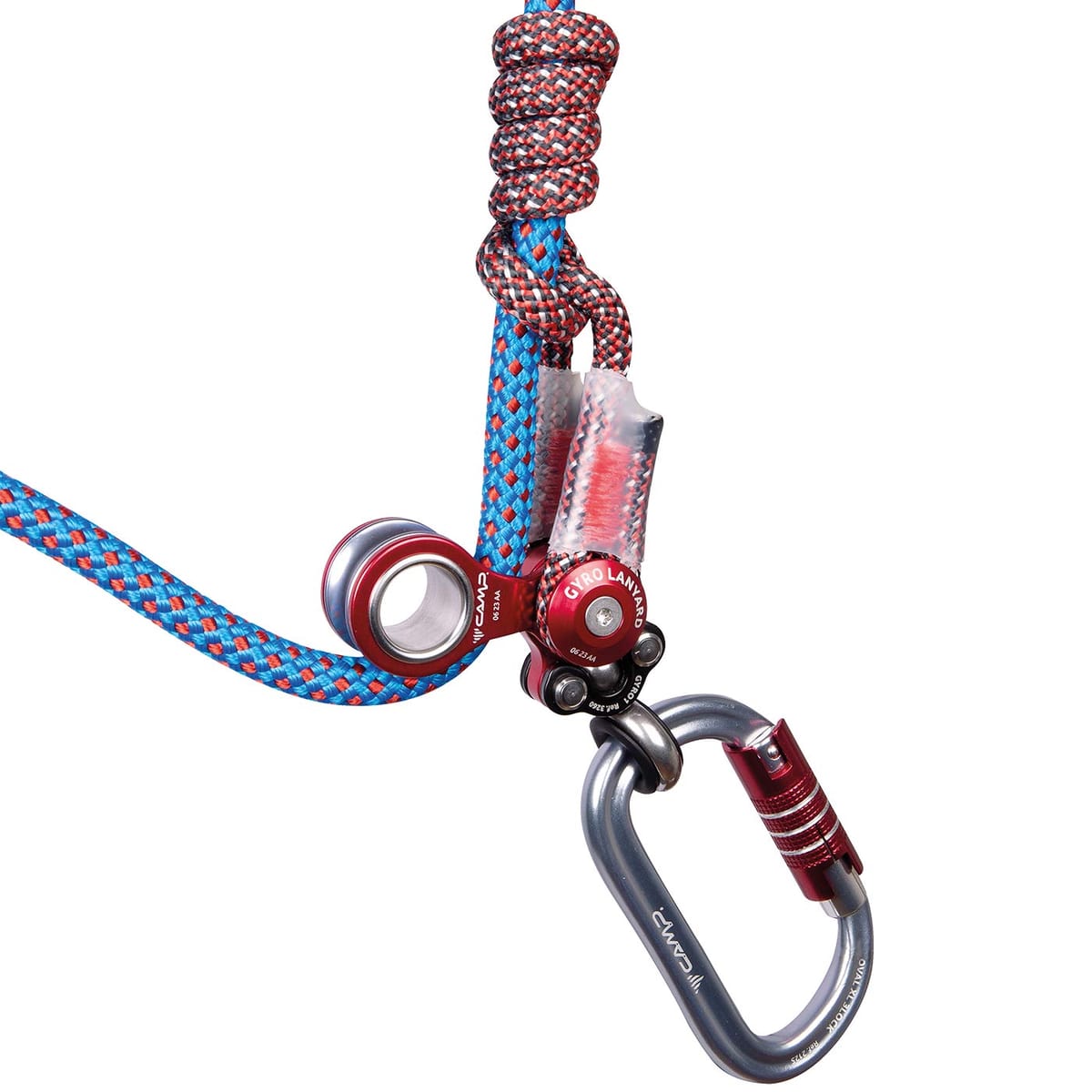 Gyro Lanyard Single, Nahaufnahme der roten Metallteile mit Karabiner, blau-rotes Seil und Knoten