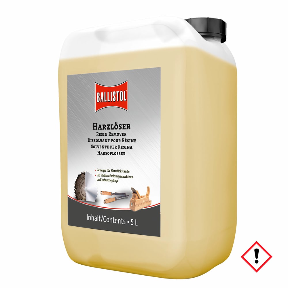 Ballistol Harzlöser 5.0, 5-Liter-Kanister mit gelblicher Flüssigkeit und schwarzem Schraubverschluss, auf dem Etikett steht Harzlöser in mehreren Sprachen und das Ballistol-Logo