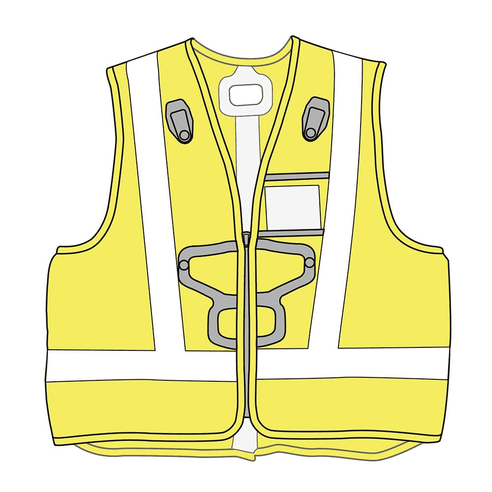 Newton Vest HI-VIZ Illustration einer Warnweste in gelb mit grauen Reflexstreifen, schwarzen Halterungen und Taschen