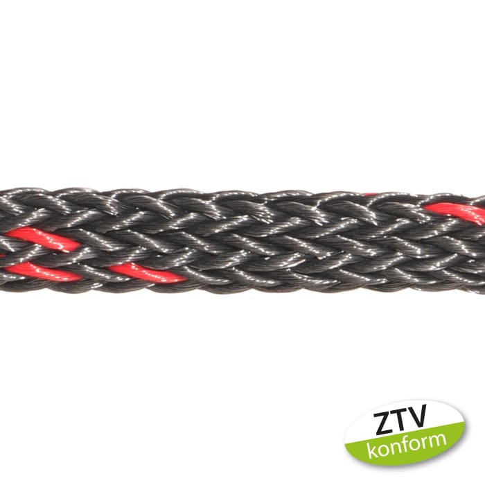 boa 8 t Hohltau schwarzes geflochtenes Seil mit roten Einsätzen und ZTV konform Aufkleber