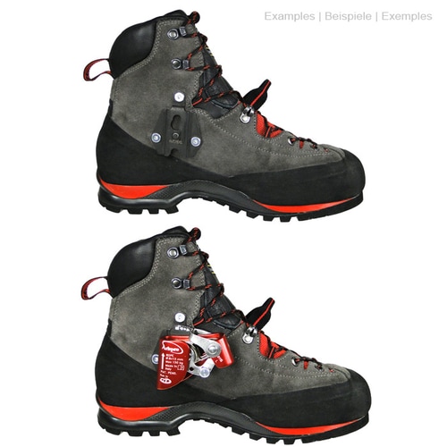 Quickstep Plate an grauem Wanderschuh mit schwarzen und roten Details befestigt, darunter ein rotes Klettergerät an einem anderen Schuh derselben Art.