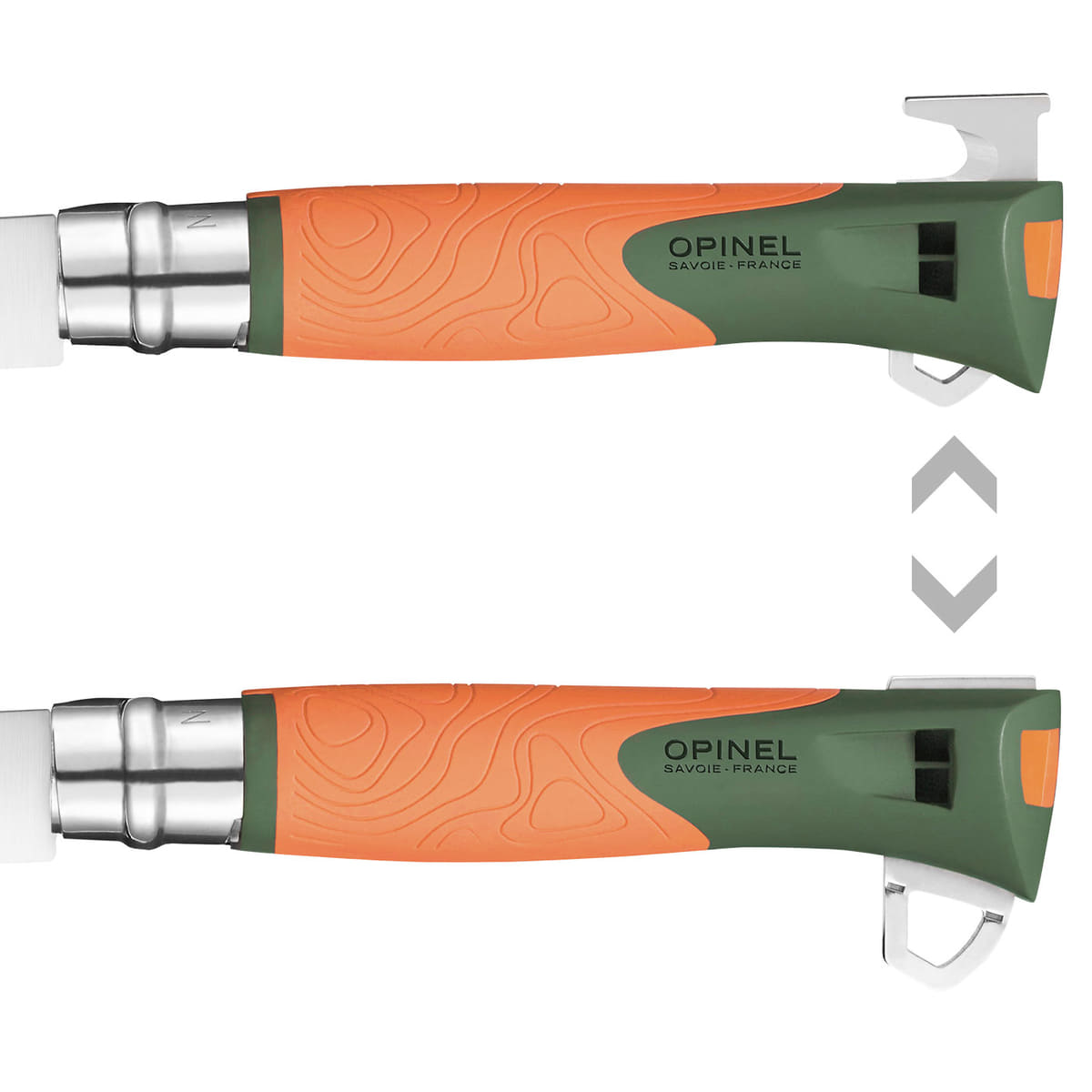 Zwei Opinel N°12 Explore Messer nebeneinander mit teilweise ausgezogenen Klingen, Griffe orange und grün mit Muster, Hersteller Opinel