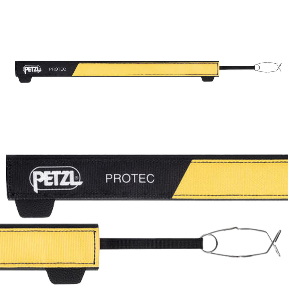 Petzl Protec gelb-schwarzer Schutz über einem Seil mit Befestigungsschlaufe links, Produktname und Hersteller sichtbar