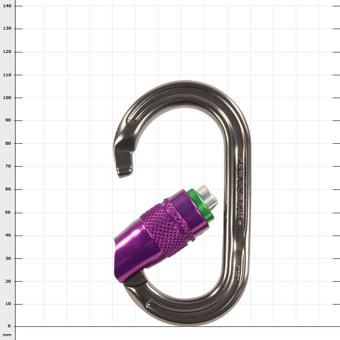 Ultra O Durolock Karabiner mit offenem Verschluss, silberfarben mit lila Schraubverschluss, Hersteller nicht sichtbar