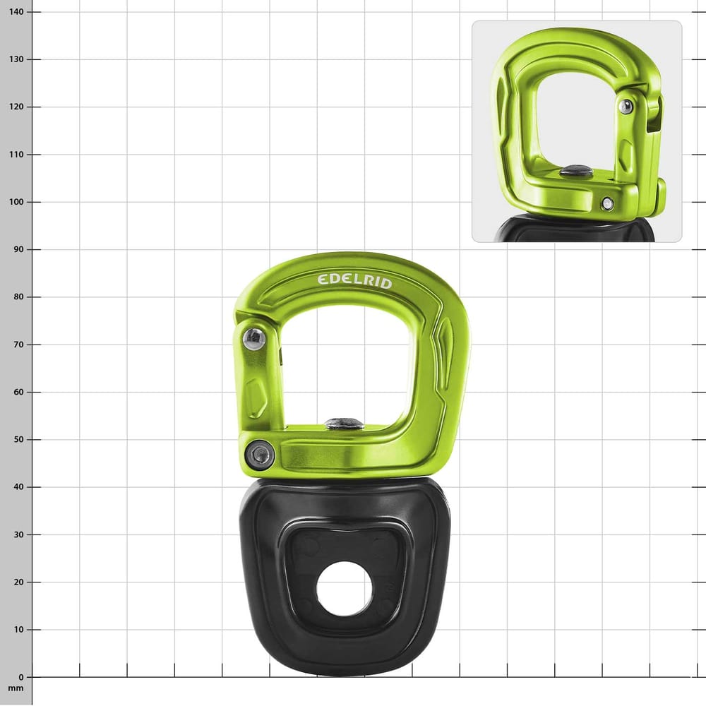 Cupid Swivel Mix von Edelrid, grün-schwarzer Karabiner mit drehbarem Verschluss, Frontansicht vor kariertem Hintergrund