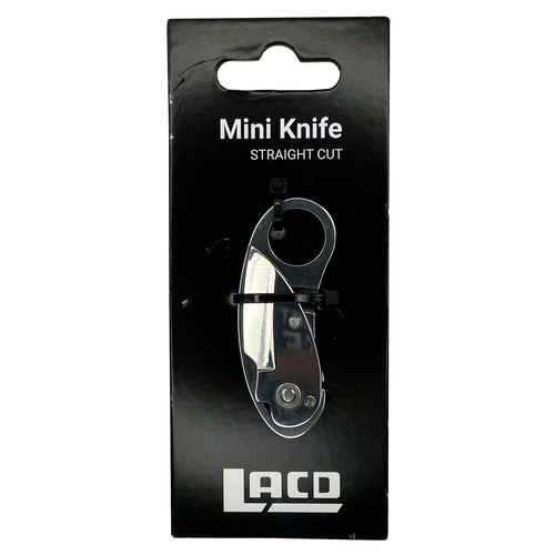 Mini Knife Straight Cut Messer von Laco in schwarzer Verpackung mit weißer Aufschrift und Sichtfenster, das Messer ist im geschlossenen Zustand sichtbar